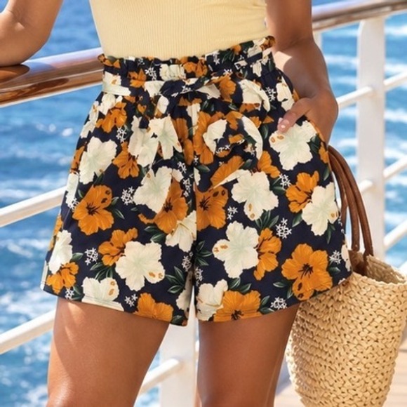 LuLaRoe Pants - LuLaRoe Tropical Hibiscus Floral Paperbag Waist Shorts Navy Orange Medium F2